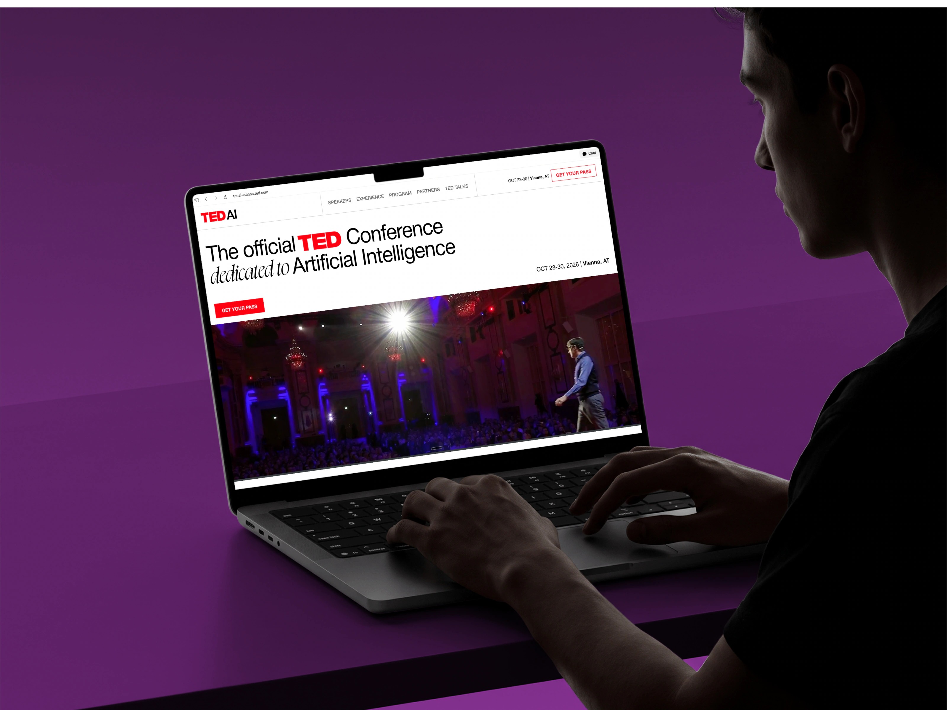 TEDAI Vienna program page: 'Three days full of AI ideas, connections and breakthrough moments' with a tab for each day